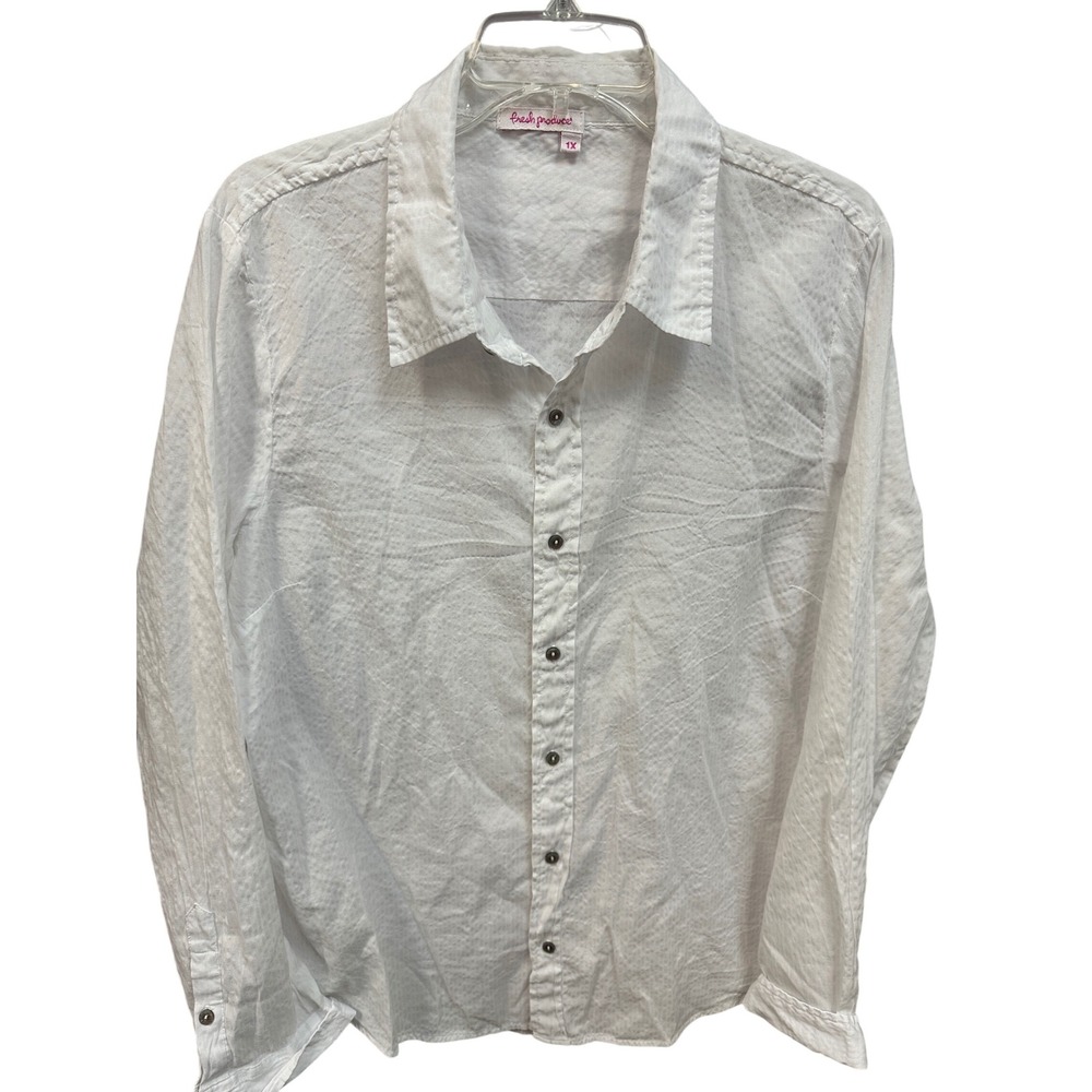 Fresh Produce White Button Down Shirt 1X Plus Size‎ Cotton Blend